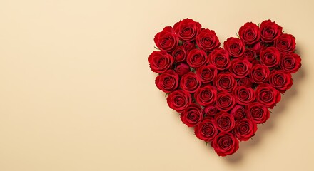 Heart shape made of red roses on beige background  