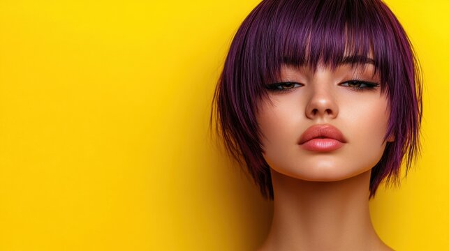 Young Woman with vibrant purple hair on yellow background. Epilepsy awareness, Purple Day concept