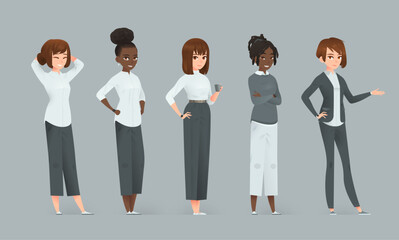 Confident businesswoman characters in five cartoon poses.  Vector set on gray background.
