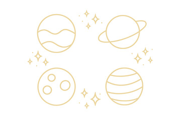 Cosmic arrangement of four celestial bodies planets and moon with sparkling stars