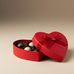 Heart-shaped red box with assorted chocolates on beige background  