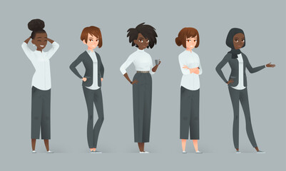 Confident businesswoman characters in five cartoon poses.  Vector set on gray background.