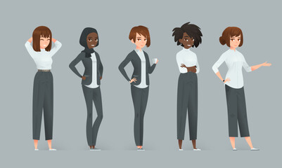 Confident businesswoman characters in five cartoon poses.  Vector set on gray background.