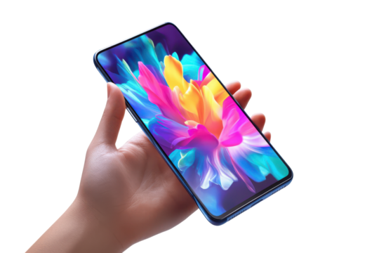 Hand holding a modern smartphone with a vibrant abstract wallpaper isolated on transparent background. Mobile phone screen mockup isolated on white background.