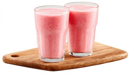 Two pink fruit smoothies in tall glasses sit on a wooden cutting board. Close-up shot, white background