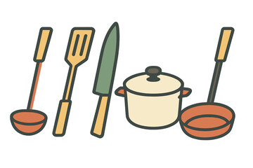 Essential cooking utensils and kitchenware set including pot knife spatula and ladles