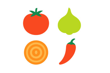 Stylized fresh vegetables set including tomato, garlic, sliced onion, and chili pepper on white background
