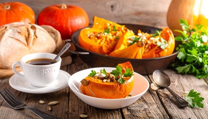 Roasted pumpkin halves with seeds and herbs on a rustic table