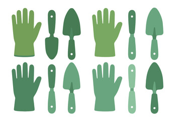 Seamless pattern of green gardening gloves and hand tools trowels and cultivators