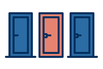 Three closed doors side by side, featuring one distinct coral colored door among two blue doors