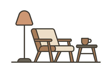 Stylish mid-century modern armchair with floor lamp and side table holding a hot beverage cup