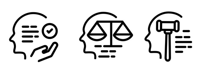ethical principles in AI and machine learning icons feature a head with checkmark balance scale and gavel concepts of responsible development fairness, and legal regulation in artificial intelligence
