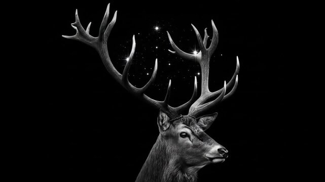 Majestic deer with illuminated antlers and starry sky on black background