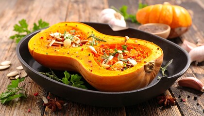 Roasted pumpkin halves with herbs and nuts