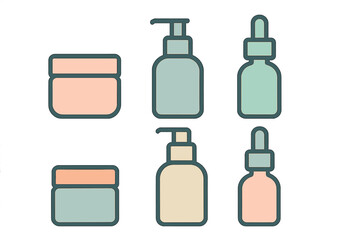 Minimalist set of cosmetic packaging containers including jars, lotion bottles, and serum droppers