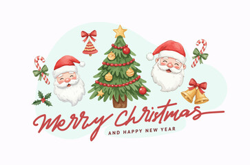 Watercolor Merry Christmas and Happy New Year Illustration with Santa Claus, Reindeer, and Holiday Elements