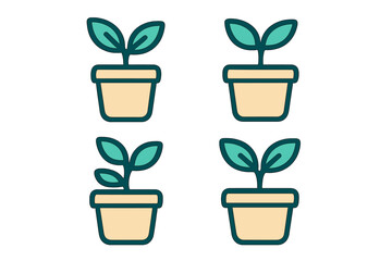 Set of four stylized icons depicting small green seedlings growing in simple flowerpots