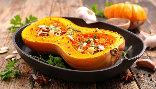 Roasted pumpkin halves with herbs and nuts - Powered by Adobe