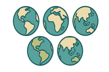 Five stylized Earth globes displaying various continents and oceans in a simple, hand-drawn graphic style