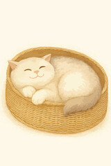 A cat is laying down in a basket