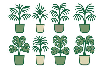 Collection of stylized potted tropical houseplants in various shades of green and beige containers