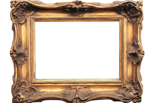 Ornate antique gold picture frame isolated on transparent background. Old rustic wooden frame isolated on white background. - Powered by Adobe