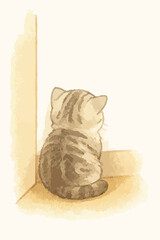 A cat is sitting on the floor face to the wall