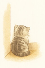 A cat is sitting on the floor face to the wall