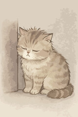 A cat is sitting on the floor with sleepy face