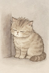 A cat is sitting on the floor with sleepy face