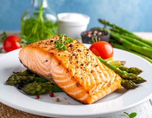 Roasted salmon fillet with asparagus and tomatoes