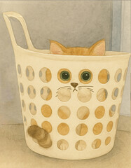A cat is sitting in the plastic basket