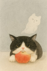 A cat is laying down on an apple