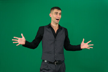 Professional collection of attractive European man in elegant business suit vest and black shirt green chroma key background expressing various emotions gestures and confident movements ideal for ad