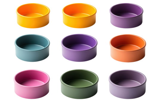 Collection of colorful empty small round containers isolated on transparent background.