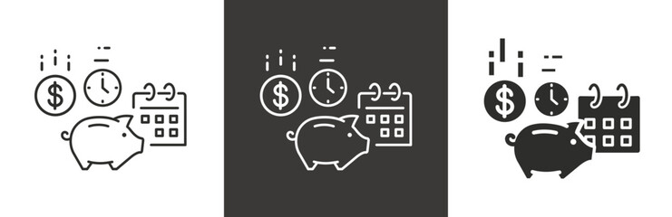 flat and linear set icons, money savings icon, plan retirement, piggy bank, pension fund, employee income, simple symbols on white and black background - editable stroke vector illustration