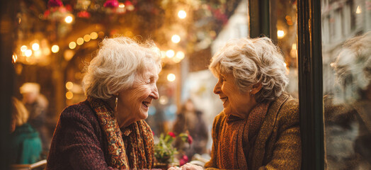 Horizontal portrait of two happy senior women (friends or sisters) laughing together at a cafe window. Captures joy, friendship, aging, connection in a warm, cozy, vintage atmosphere with bokeh lights