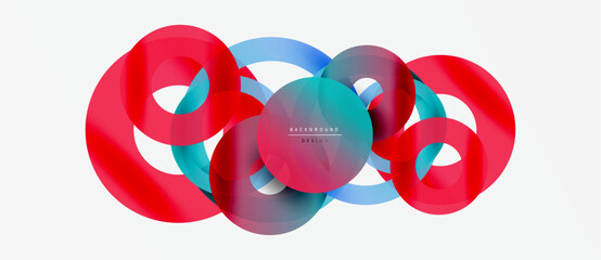 Abstract design features overlapping colorful circles. Red, blue hues create dynamic visual effect. Modern, minimalist composition.