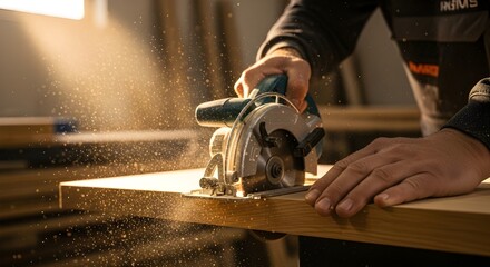 Close-up of carpenter cutting wooden plank with circular saw, woodworking precision and craftsmanship in construction workshop