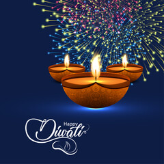 Happy Diwali festival background with glowing clay diya oil lamps, decorative flame, sparkling fireworks, dark blue night sky, Hindu Indian festival of lights celebration, greeting card vector