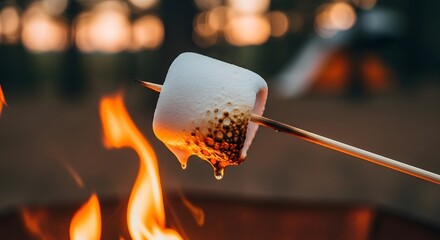 Close up brown roasting marshmallow on stick over campfire with fire in outdoor setting. Picnic with sweet food confectionery on vacation