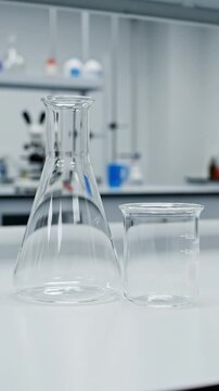 Short vertical lab video of empty Erlenmeyer flask and beaker on a clean white table