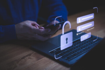 Cybersecurity concept showing user login and password protection on laptop and smartphone. Data privacy, online security, and identity protection in digital technology background.