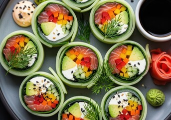 Healthy cucumber sushi rolls filled with fresh salmon, avocado, and colorful vegetables, served with soy sauce and wasabi, a light and refreshing dish