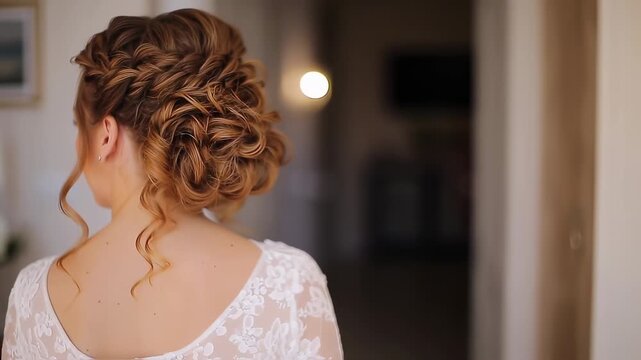 Woman's back view, styled updo, white lace dress