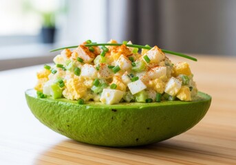 Shrimp and egg salad stuffed into a halved avocado, garnished with chives and paprika, served on a wooden surface