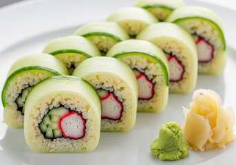 Freshly made sushi rolls with cucumber and crab stick filling, served with wasabi and pickled ginger on a white plate