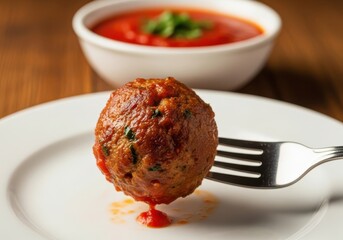 A single, juicy meatball impaled on a fork, with a bowl of tomato sauce in the background on a wooden table