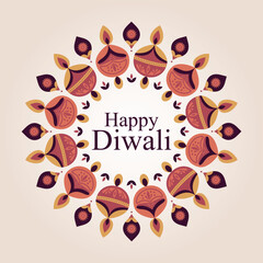 Happy Diwali Circular Diya Mandala Vector Greeting.