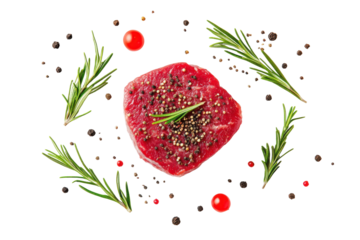Raw beef steak seasoned with herbs and spices isolated on transparent background. Raw beef steak with rosemary and pepper isolated on white background.